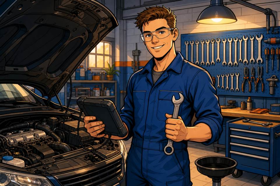 Comic-Darstellung eines Kfz-Mechatronikers im Werkstatt-Alltag