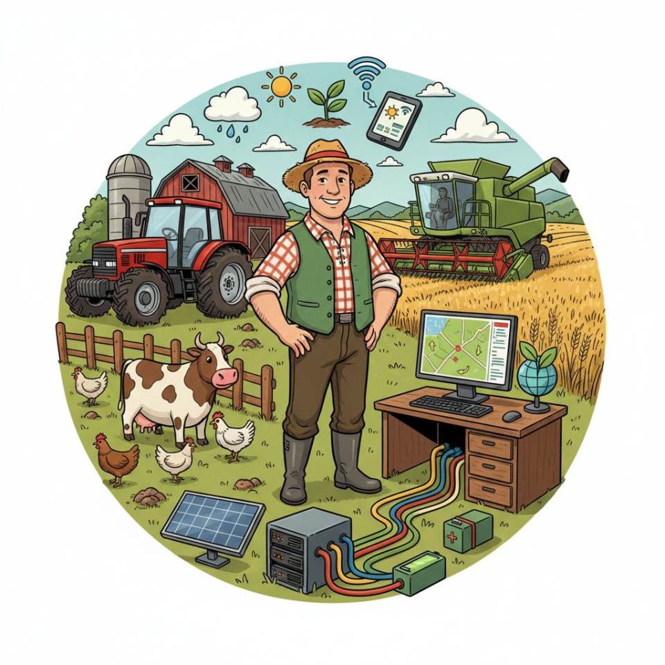 Comic-Darstellung eines Landwirts mit Traktor und Getreidefeld