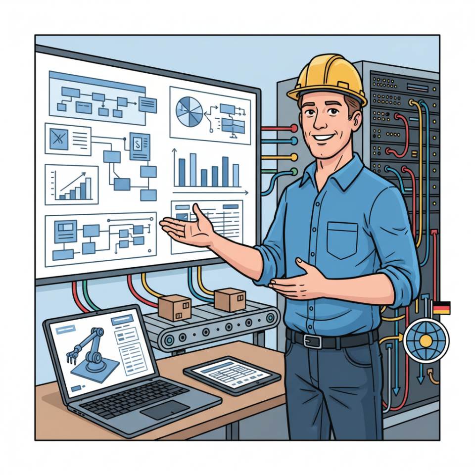 Comic-Darstellung eines Produktionsleiters mit Tablet und Helm bei der Steuerung einer Fertigungslinie in der Industriehalle