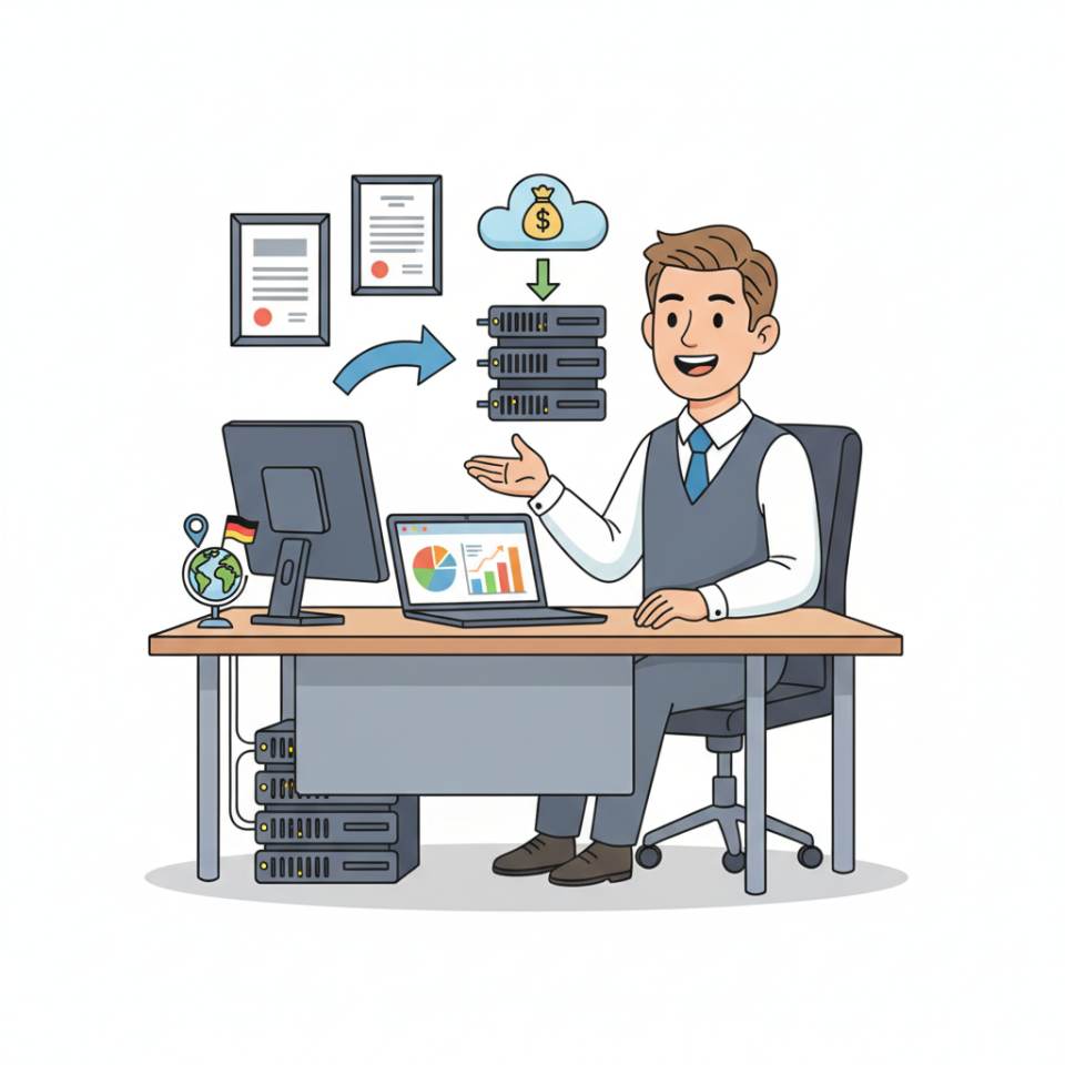 Comic illustration of a tax clerk at a desk with laptop, receipts, tax forms and DATEV documents