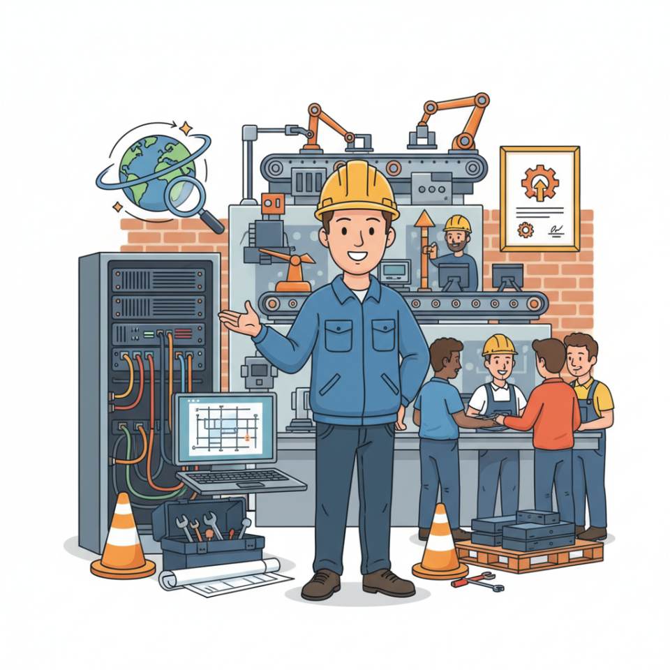 Ilustración cómic de un capataz con casco y plano coordinando un grupo de trabajo en el taller